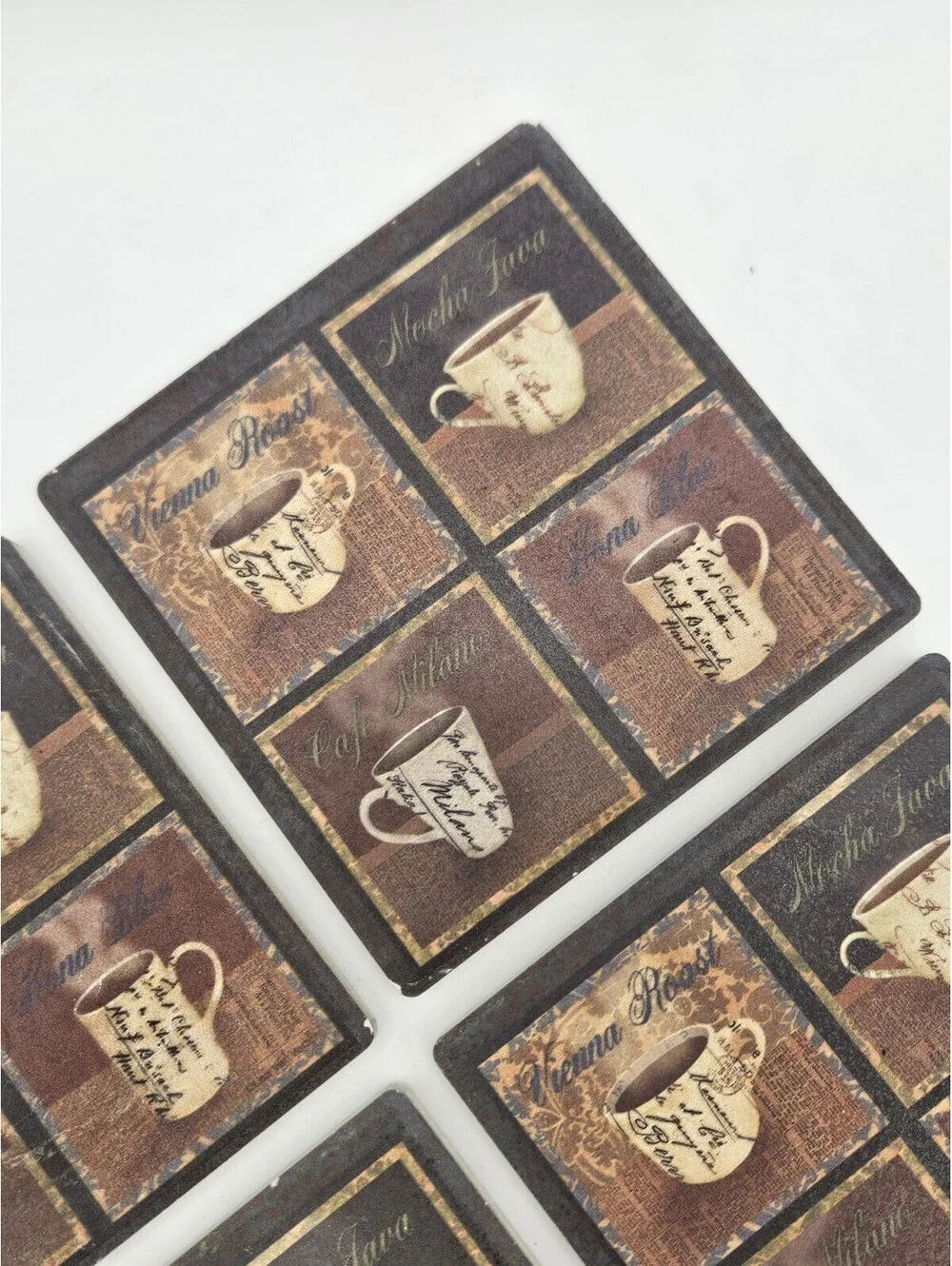 Set of 6 Square Ceramic & Cork Non-Slip Coasters, Coffee & Tea Pattern